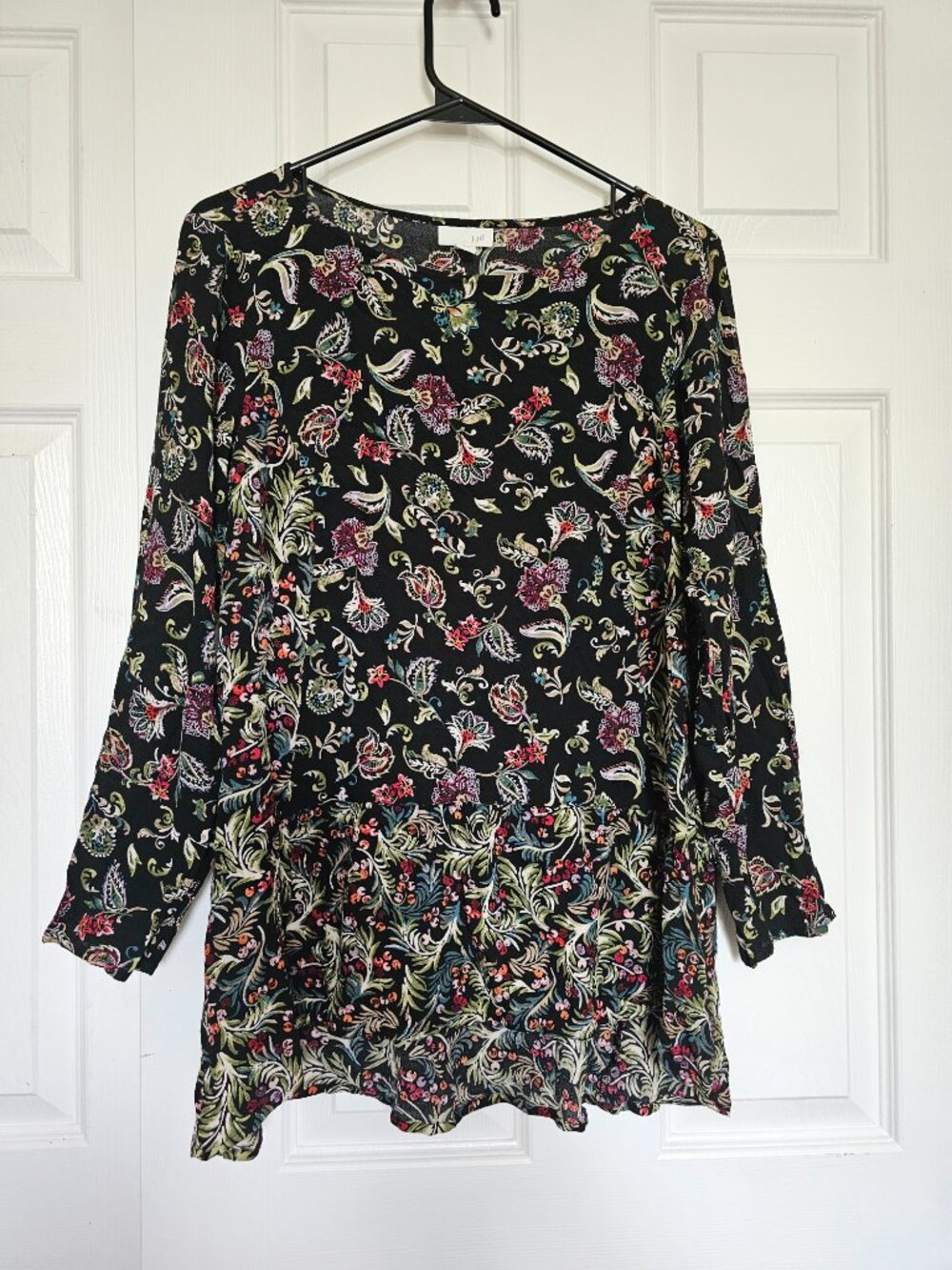 J. Jill Black Floral Paisley Peplum Hem Tunic Blouse - Medium Petite